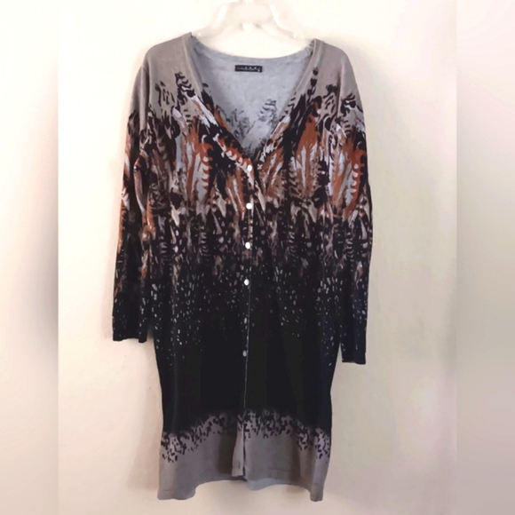 PIERRI Long Cardigan Sweater Tunic 1X Feather Print Western Neutral Colors - Picture 1 of 9